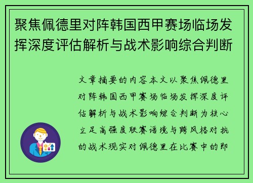 聚焦佩德里对阵韩国西甲赛场临场发挥深度评估解析与战术影响综合判断